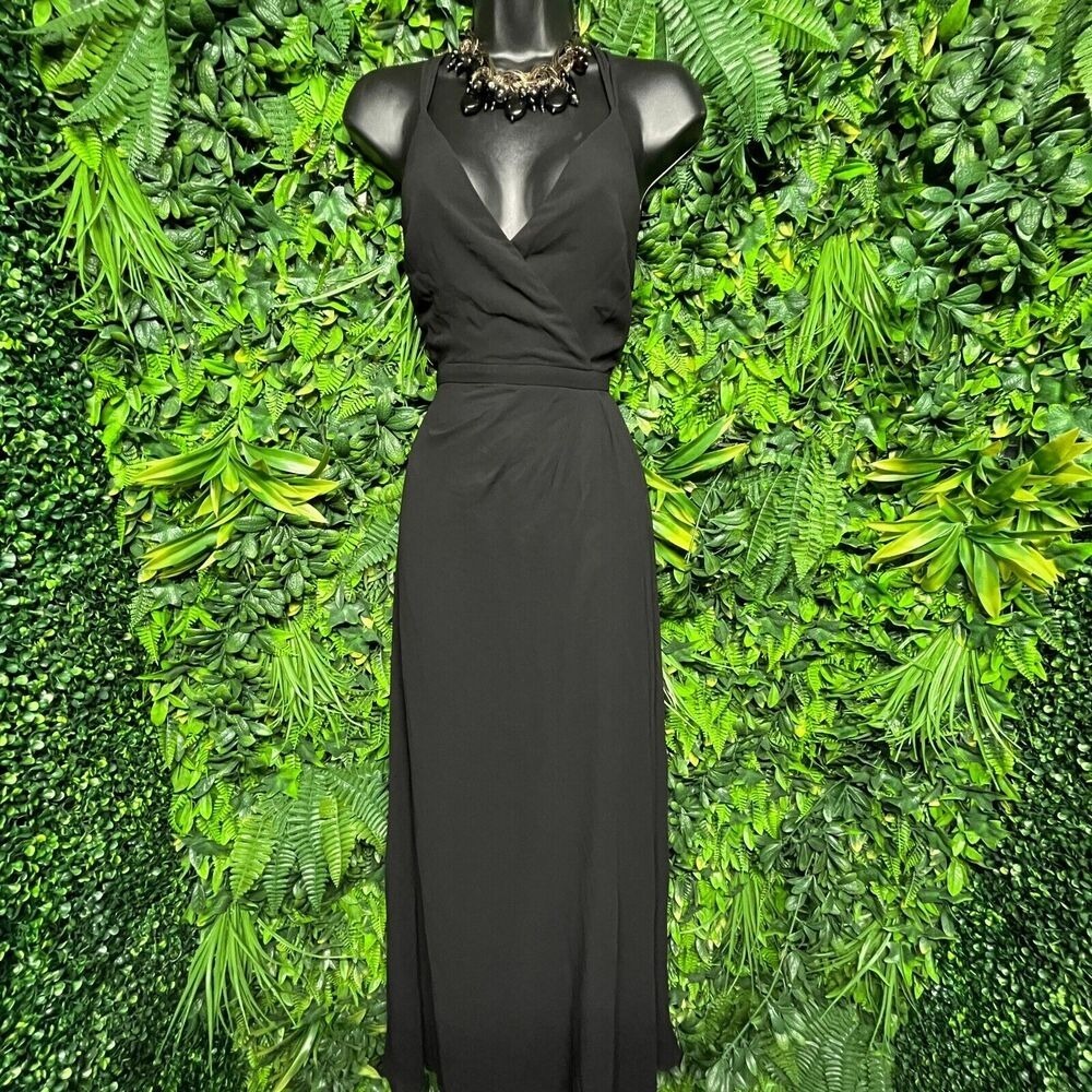 Fame And Partners Women Dress 2 Black Gown Long V Neck Strappy Pleated 1213